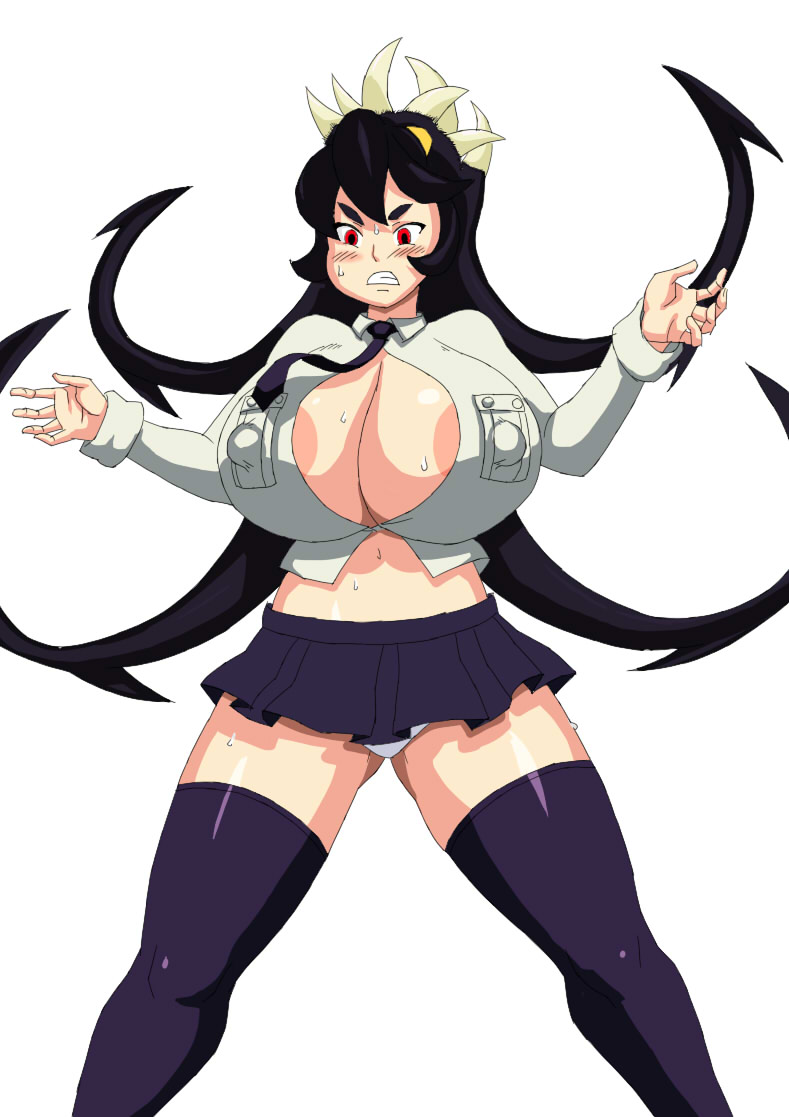 1girl areola_slip areolae artist_request black_legwear blush breasts clenched_teeth erect_nipples huge_breasts large_areolae long_hair navel simple_background skirt skullgirls solo thighhighs