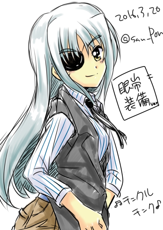2016 blush bolo_tie cinque_(nanoha) dated dress_shirt eighth_note eyepatch hand_in_pocket long_hair looking_at_viewer lyrical_nanoha mahou_shoujo_lyrical_nanoha_strikers musical_note numbers_(nanoha) san-pon shirt silver_hair sketch smile solo striped striped_shirt translation_request twitter_username vest yellow_eyes