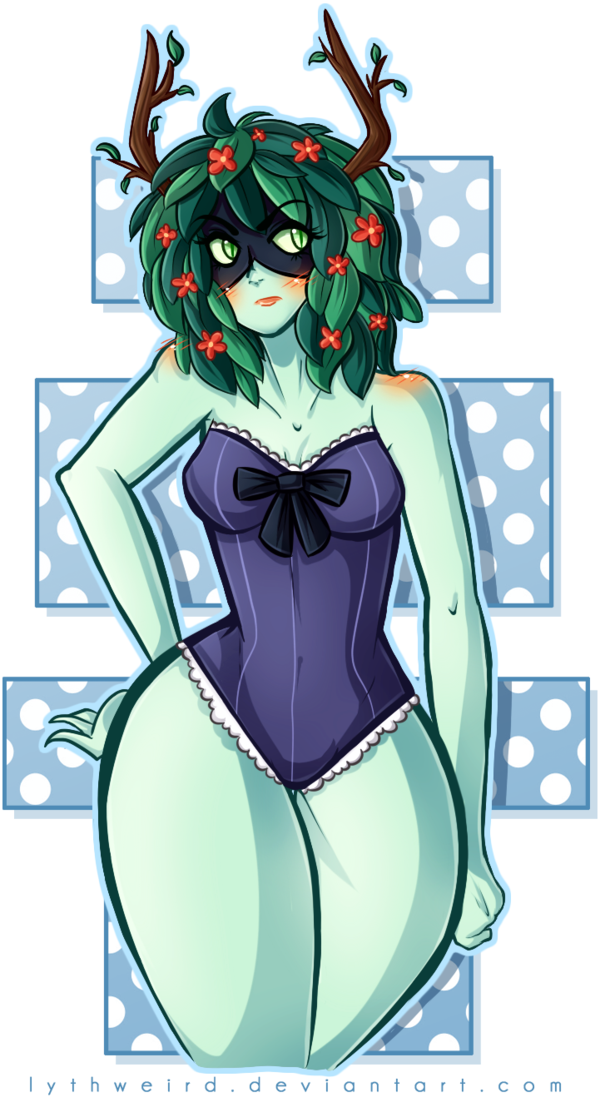 adventure_time antlers big_thighs blush bow breasts butt clothing eye_mask female flower flower_hair green_eyes green_sclera green_skin hand_on_hip horn huntress_wizard laced_swimsuit leaf leaf_hair looking_offscreen looking_to_side lythweird plant solo swimsuit