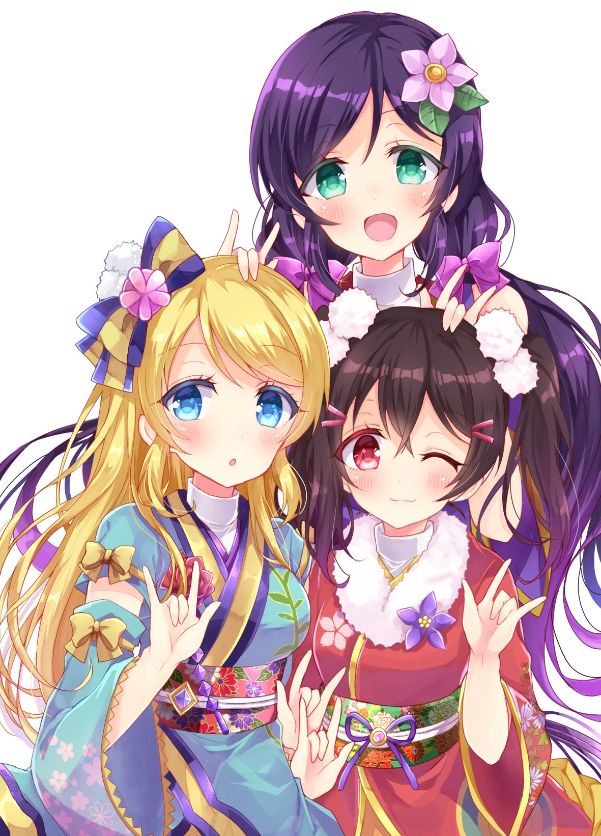 3girls :o ;) \m/ ayase_eli black_hair blonde_hair blue_bow blue_eyes blue_kimono blush bow commentary_request corsage detached_sleeves double_\m/ flower fur-trimmed_kimono fur_trim green_eyes hair_bow hair_down hair_flower hair_ornament hairclip hand_on_another's_head highres japanese_clothes kimono long_hair long_sleeves looking_at_viewer love_live! love_live!_school_idol_project low_twintails multiple_girls nameneko_(124) obi one_eye_closed pink_flower pom_pom_(clothes) purple_bow purple_flower purple_hair red_eyes red_kimono sash sidelocks smile striped striped_bow toujou_nozomi twintails white_background wide_sleeves yazawa_nico yellow_bow