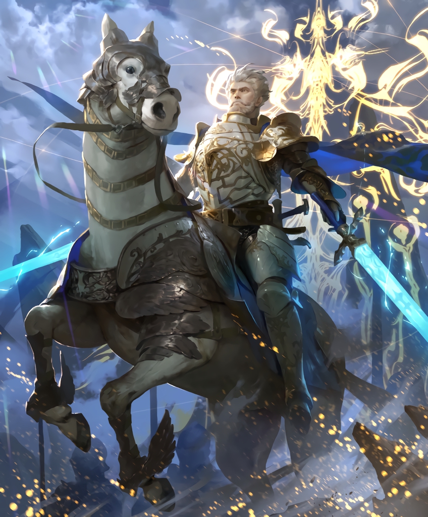 1boy artist_request banner beard breastplate cygames dual_wielding eachtar facial_hair glowing glowing_sword glowing_weapon gold_trim holding horse light_persona mustache official_art plate_armor reins riding shadowverse shoulder_armor sword weapon white_hair