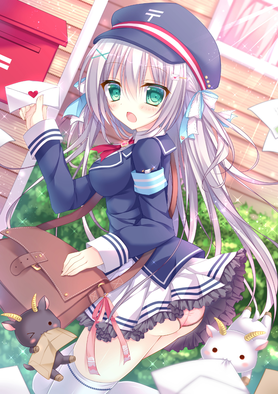 :3 :o aqua_eyes bag blush breasts chestnut_mouth goat green_hair hair_ornament hair_ribbon hairclip hat heart highres holding jacket japanese_postal_mark kohinata_hoshimi letter long_hair looking_at_viewer mailbox_(incoming_mail) mailman medium_breasts moe2016 open_mouth original outdoors panties pantyshot pink_panties ribbon shoulder_bag skirt skirt_lift solo sparkle sunlight thighhighs underwear white_legwear wind wind_lift window wooden_wall wristband x_hair_ornament