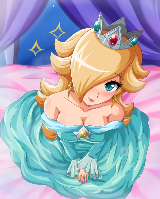 1girl animated animated_png bare_shoulders blonde_hair blue_eyes blush breasts cleavage condom condom_in_mouth crown cum cum_on_body cum_on_breasts cum_on_hair cum_on_upper_body dress facial hair_over_one_eye long_hair looking_at_viewer mouth_hold nail_polish naughty_face nintendo rosetta_(mario) sigurd_hosenfeld sitting smile solo super_mario_bros. super_mario_galaxy undressing