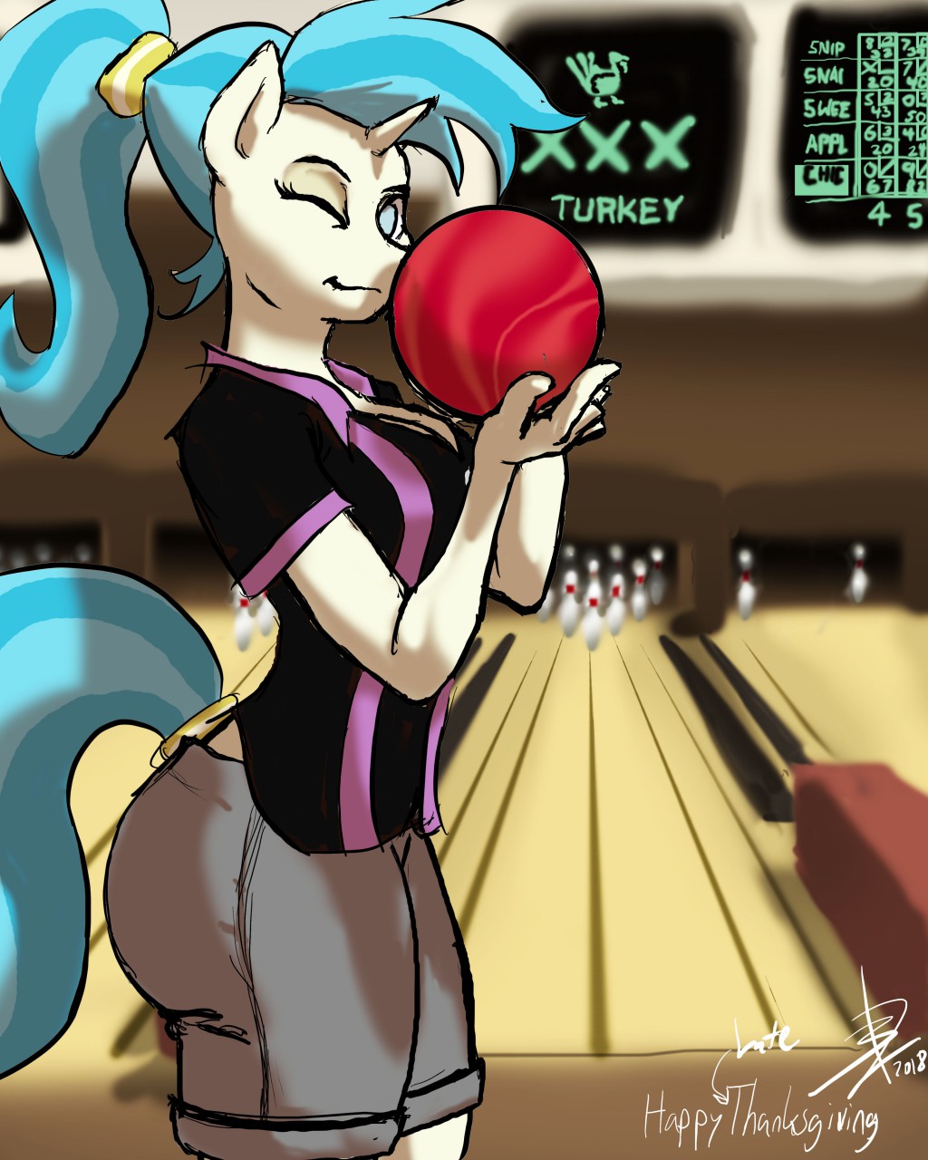 2018 anthro anthrofied blue_hair bowling_alley bowling_ball bowling_pin clothing equine female friendship_is_magic hair horn mammal my_little_pony pinny_lane_(mlp) ponytail shorts threewontoo unicorn