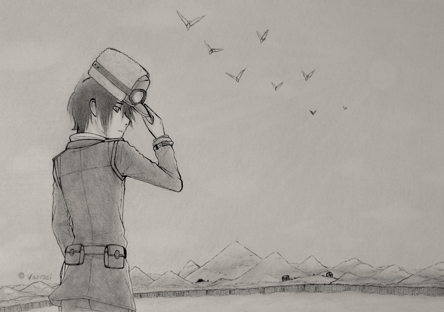 1girl androgynous artist_request birds goggles hat kino kino_no_tabi monochrome mountains short_hair sketch solo tagme