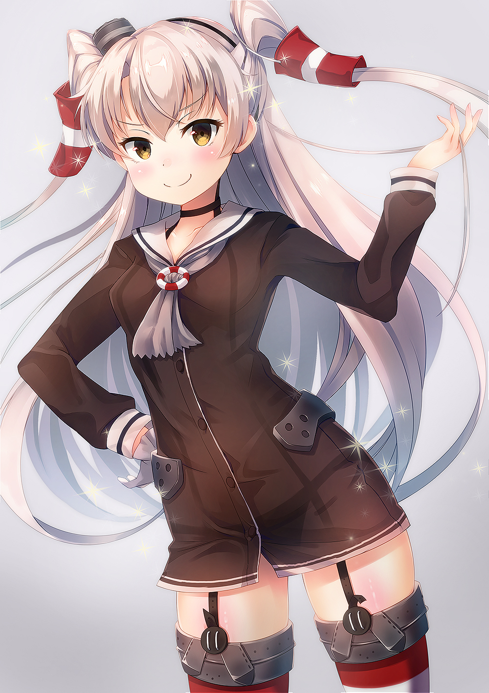 amatsukaze_(kantai_collection) black_panties blush breasts brown_dress brown_eyes buttons choker dress garter_straps gloves hair_tubes hand_on_hip highres kantai_collection lifebuoy long_hair looking_at_viewer panties red_legwear sailor_collar sailor_dress short_dress silver_hair single_glove small_breasts smile solo sparkle striped striped_legwear sunsuke thighhighs two_side_up underwear white_gloves windsock zettai_ryouiki