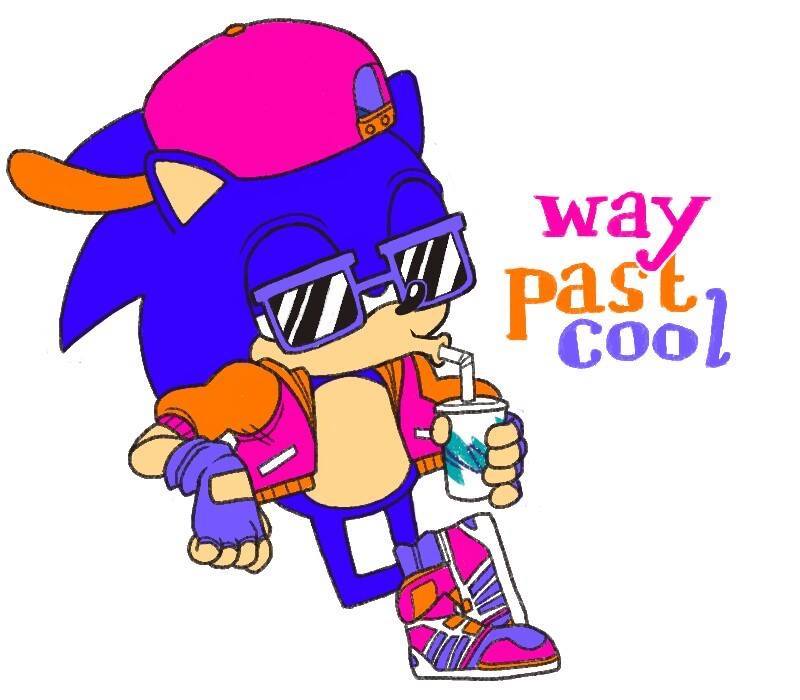 anthro beverage black_nose blue_fur clothed clothing detailed_background english_text eyebrows eyewear food footwear fur glasses gloves half-closed_eyes hat hedgehog jacket male mammal shoes simple_background solo sonic_(series) sonic_the_hedgehog straw sunglasses text traditional_media_(artwork) unknown_artist white_sclera