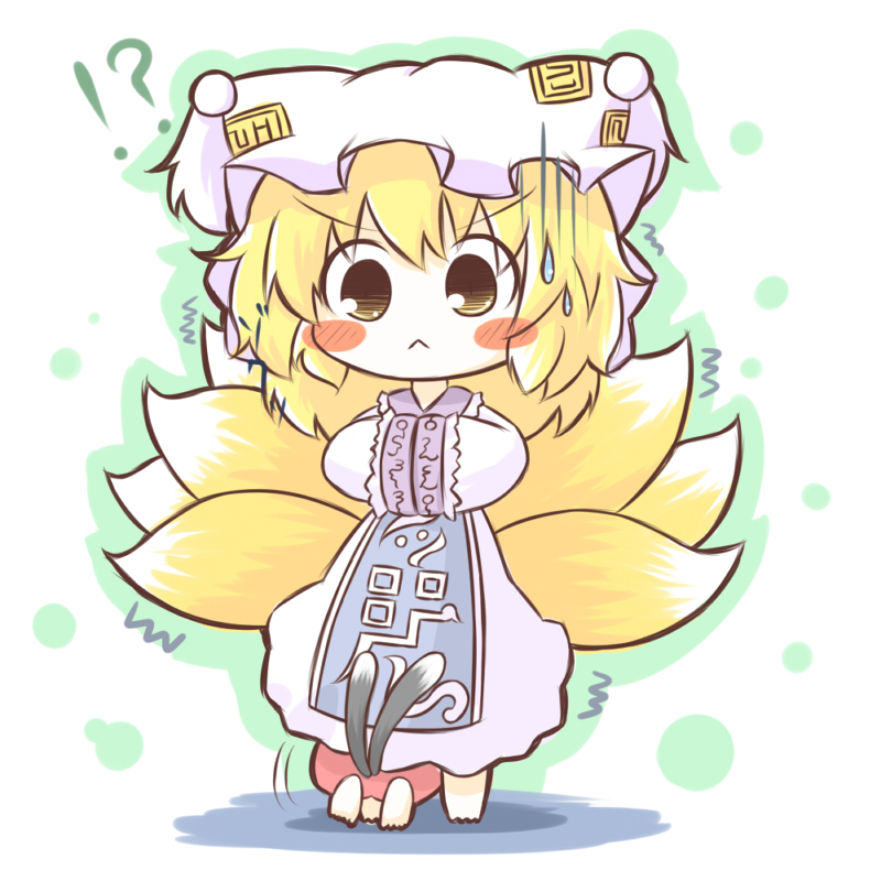 2girls :&lt; animal_ears bad_id bad_pixiv_id blush blush_stickers chen chibi dress fox_ears fox_tail hands_in_opposite_sleeves hat multiple_girls multiple_tails nekomata pillow_hat short_hair sleeves_together south114 tabard tail tareme touhou white_dress wide_sleeves yakumo_ran yellow_eyes