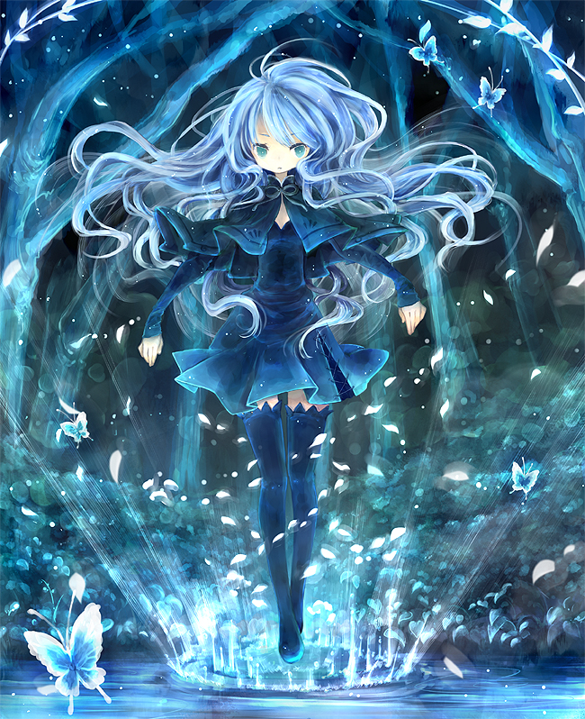 bad_id bad_pixiv_id blue_eyes blue_hair bug butterfly cloak dress forest himehi insect legs long_hair nature shoujo_byou solo souhaku_sisferia thighhighs water zettai_ryouiki