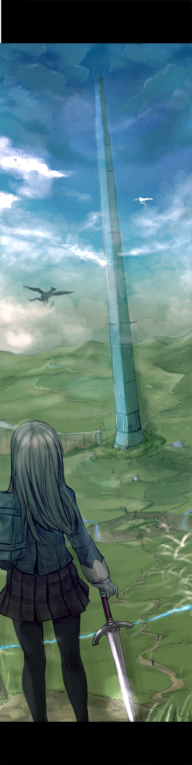 bad_id bad_pixiv_id black_legwear brown_hair cloud dragon fantasy highres landscape letterboxed long_hair megastructure original pantyhose pleated_skirt sigama skirt sky solo space_elevator sword tower weapon