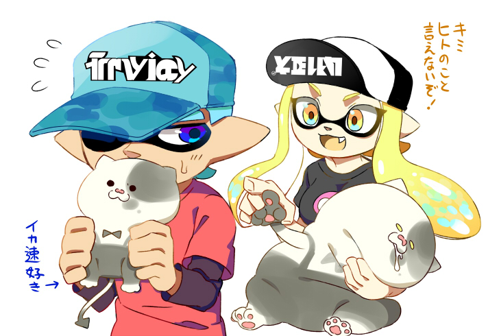 1boy 1girl aqua_hair bangs blonde_hair blue_eyes blunt_bangs breasts cat cellphone commentary_request domino_mask drooling fangs hat inkling jajji-kun_(splatoon) kitten kojajji-kun_(splatoon) large_breasts long_hair mask minamidena nintendo open_mouth phone pointy_ears shirt shoes short_hair shorts sleeping smile splatoon splatoon_(series) splatoon_2 sweatdrop t-shirt tentacle_hair translation_request yellow_eyes