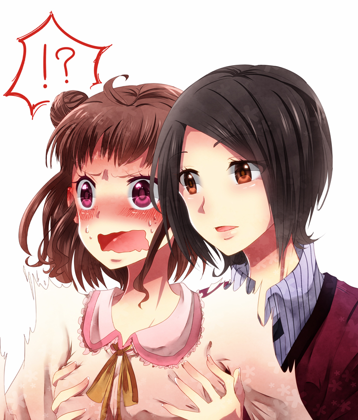 2girls black_hair blush breast_grab breasts brown_eyes brown_hair double_bun dress frown grabbing grabbing_from_behind idolmaster idolmaster_cinderella_girls multiple_girls munakata_atsumi open_mouth purple_eyes role_reversal shirt short_hair simple_background surprised sweat sweater tougou_ai wavy_mouth white_background wince yahagi_(yui1251) yuri