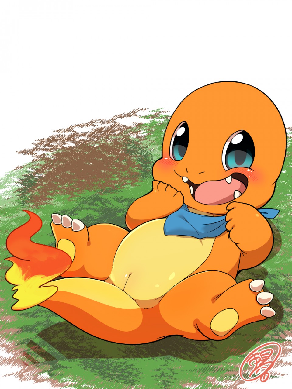 animal_genitalia anthro ascot bald barefoot blush charmander claws cute dragon fire genital_slit looking_at_viewer lying m@rt male nintendo nude on_back open_mouth pok&eacute;mon sharp_teeth slit smile solo spread_legs spreading teeth toe_claws tongue video_games