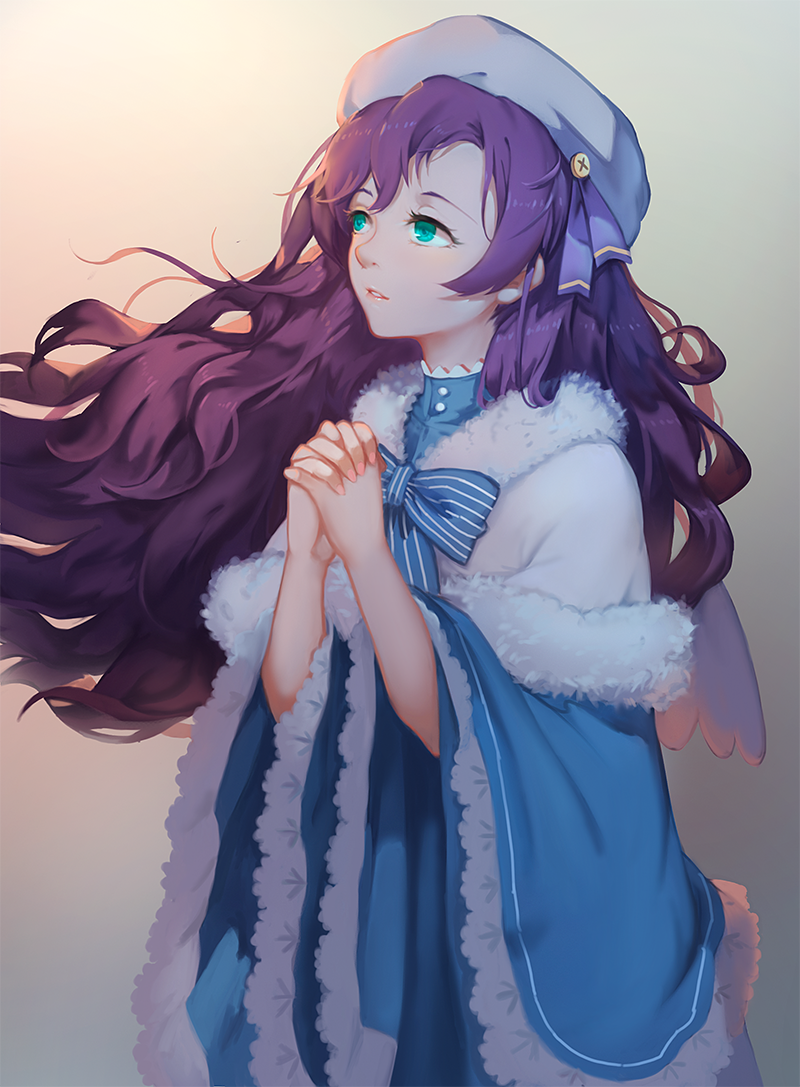 bangs beret blue_bow bow capelet eyelashes floating_hair fur_trim gradient gradient_background hair_down hands_clasped hat interlocked_fingers lace-trimmed_sleeves long_hair looking_away looking_up love_live! love_live!_school_idol_project minhoo nail_polish own_hands_together parted_lips praying purple_hair ribbon solo toujou_nozomi upper_body wavy_hair white_hat wide_sleeves
