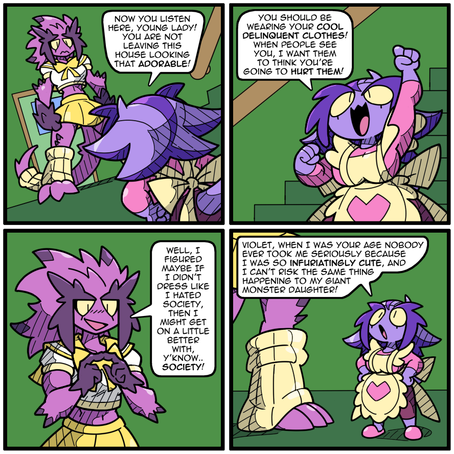 apron breasts bush_viper clothing comic cute daughter english_text furgonomics lilac_(scalie_schoolie) lizard_tail markings mother mother_and_daughter muscular non-mammal_breasts parent purple_body reptile scalie scalie_schoolie school_uniform serafuku shenanimation shortstack size_difference skirt slit_pupils snake speech_bubble spines tail_clothing text uniform violet_(scalie_schoolie) webcomic yellow_sclera