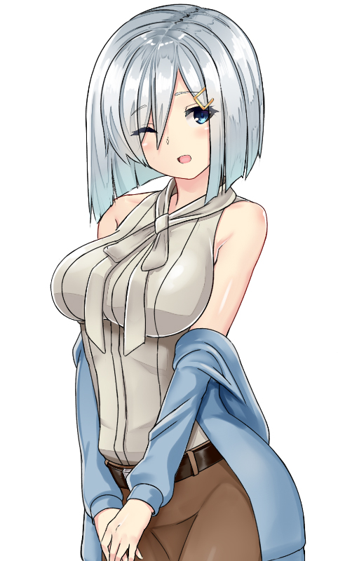 alternate_costume bare_shoulders belt blue_eyes breasts cosplay ellen_baker ellen_baker_(cosplay) eyes_visible_through_hair hair_ornament hair_over_one_eye hairclip hamakaze_(kantai_collection) jacket kantai_collection large_breasts long_sleeves looking_at_viewer new_horizon one_eye_closed open_clothes open_jacket open_mouth shirt short_hair silver_hair simple_background sin_(kami148) skirt sleeveless solo v_arms white_background