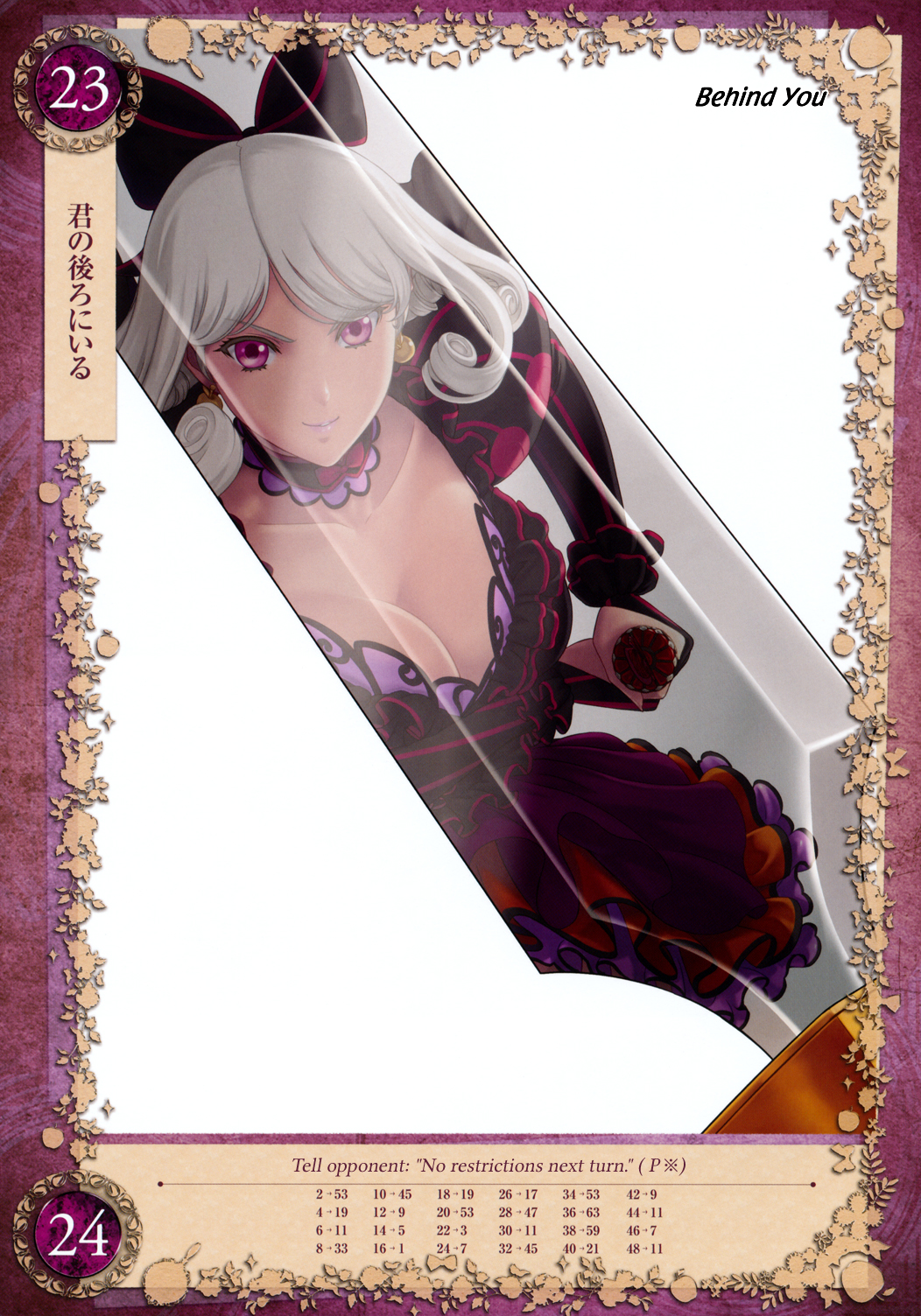 breasts cleavage detached_collar earrings eiwa hair_ornament hair_ribbon highres jewelry juliet_sleeves large_breasts long_sleeves non-web_source puffy_sleeves purple_eyes queen's_blade queen's_blade_grimoire ribbon simple_background smile snow_white snow_white_(queen's_blade) white_hair