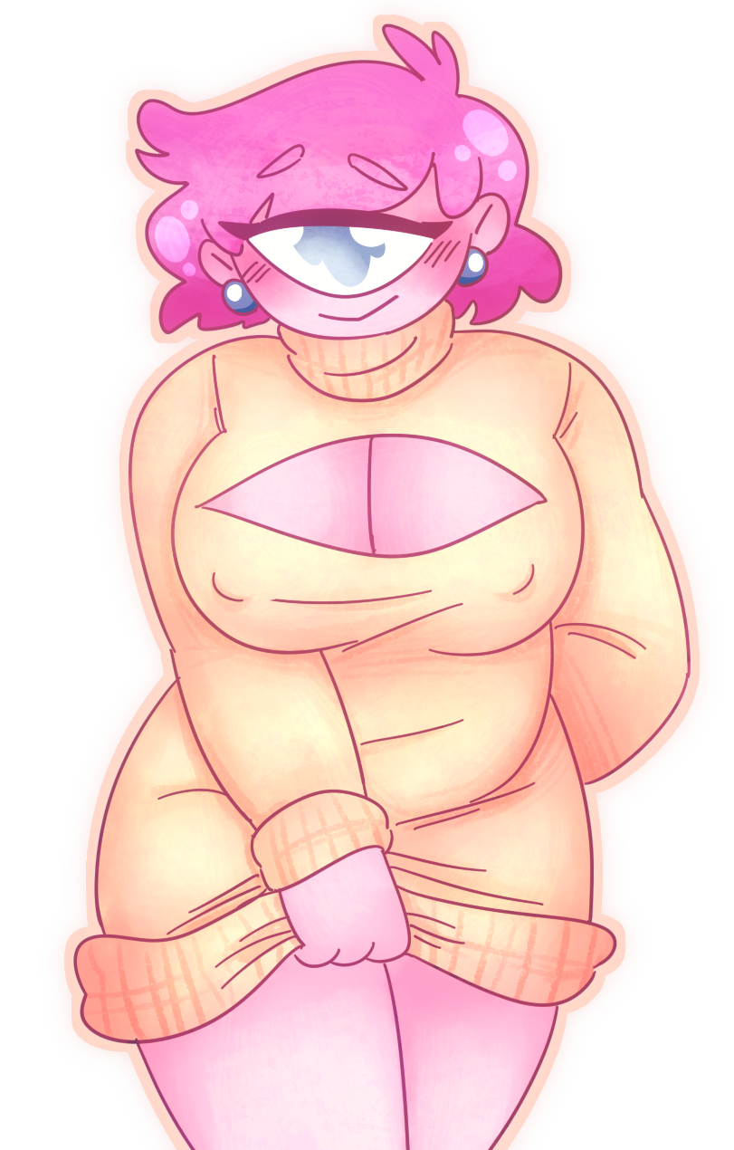 1_eye big_breasts blush bottomless breasts cleavage clothed clothing cyclops digital_media_(artwork) female hi_res humanoid keyhole_turtleneck looking_at_viewer monster nipples not_furry poppy_the_cyclops smile solo sweater unnecessaryfansmut