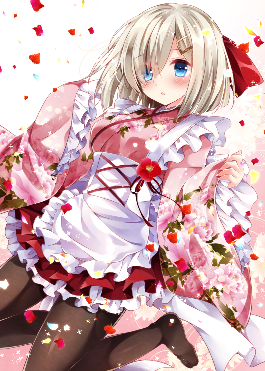 :o apron black_legwear blue_eyes blush bow corset cross-laced_clothes floral_print flower frilled_sleeves frills hair_bow hair_ornament hair_over_one_eye hairclip hamakaze_(kantai_collection) japanese_clothes jumping kantai_collection kimono long_sleeves maid_apron nogi_takayoshi pantyhose parted_lips petals red_bow red_flower rose_petals short_hair silver_hair simple_background sleeves_past_wrists solo wa_maid white_background wide_sleeves