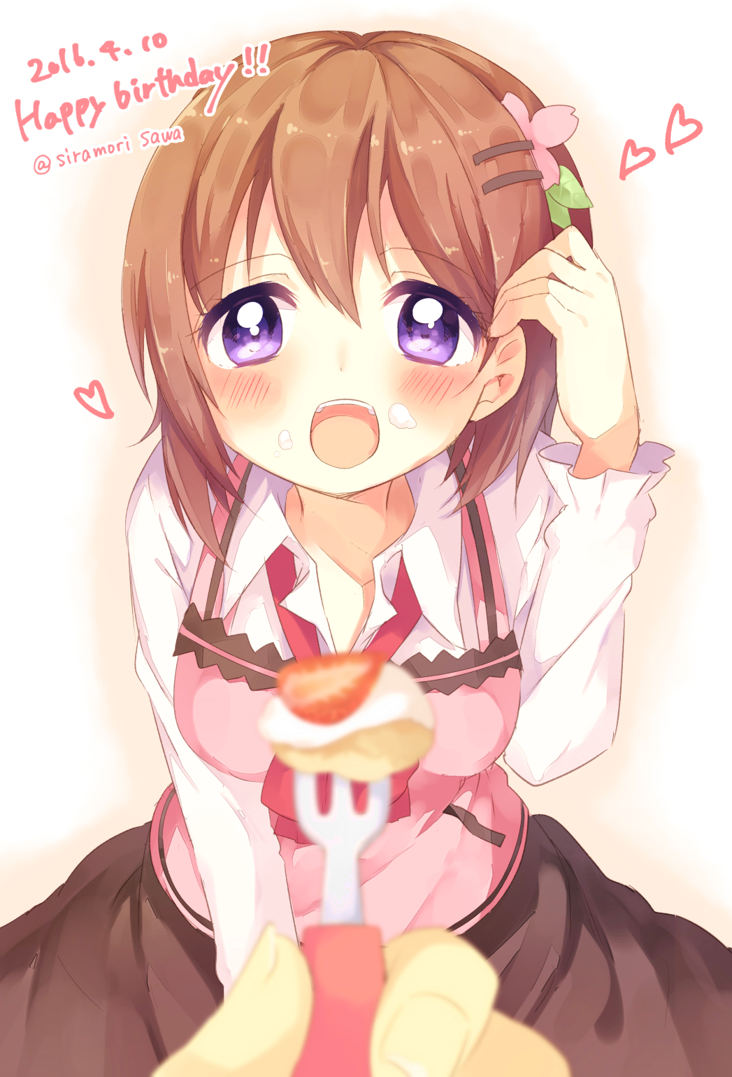 apron brown_hair cake cream cream_on_face dated feeding flower food food_on_face fork from_above fruit gochuumon_wa_usagi_desu_ka? hair_flower hair_ornament hair_tucking hairclip happy_birthday heart highres hoto_cocoa looking_at_viewer open_mouth out_of_frame pov pov_feeding pov_hands purple_eyes rabbit_house_uniform shiramori_sawa shirt short_hair simple_background skirt solo_focus strawberry teeth twitter_username