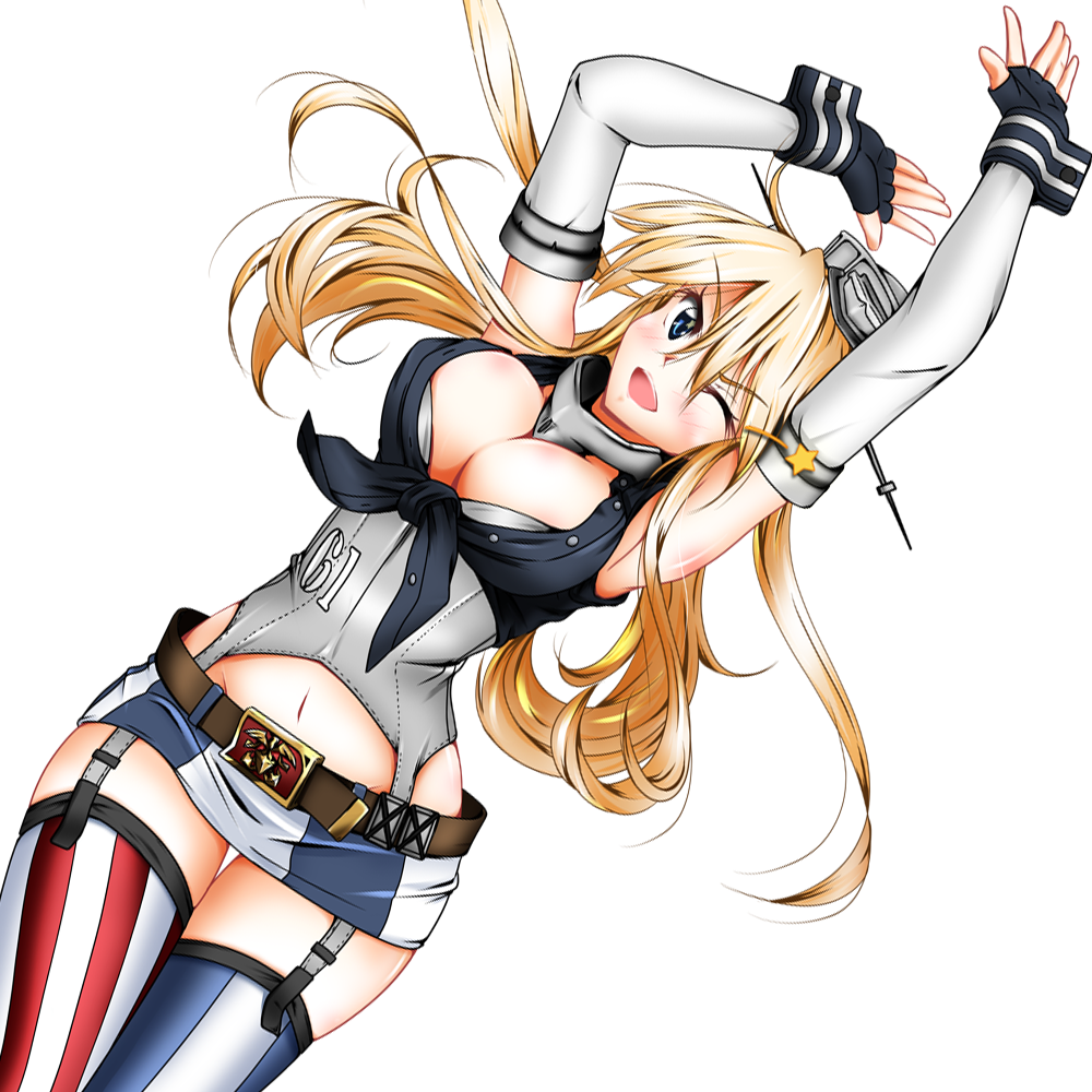 arms_up belt belt_buckle blonde_hair blue_eyes blush breasts buckle character_name cleavage colorized cowboy_shot dutch_angle elbow_gloves fingerless_gloves front-tie_top garter_straps gloves headgear iowa_(kantai_collection) kantai_collection large_breasts long_hair looking_at_viewer microskirt mikuri_ouda mismatched_legwear navel one_eye_closed open_mouth simple_background skirt smile solo star star-shaped_pupils striped striped_legwear symbol-shaped_pupils thighhighs vertical-striped_legwear vertical-striped_skirt vertical_stripes white_background white_gloves