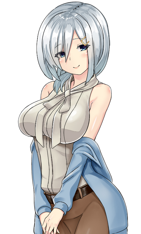 alternate_costume alternate_hairstyle bare_shoulders belt blue_eyes blush breasts cosplay ellen_baker ellen_baker_(cosplay) eyes_visible_through_hair hair_ornament hair_over_one_eye hairclip hamakaze_(kantai_collection) jacket kantai_collection large_breasts long_sleeves looking_at_viewer new_horizon open_clothes open_jacket shirt short_hair silver_hair simple_background sin_(kami148) skirt sleeveless smile solo v_arms white_background