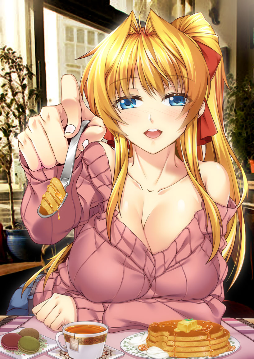 :d ahoge bangs bare_shoulders belt black_tea blurry blush bow breast_rest breasts butter cleavage cloth collarbone cream cup depth_of_field dripping eyebrows eyebrows_visible_through_hair eyelashes feeding food hair_bow hair_intakes holding holding_spoon honey large_breasts long_hair long_sleeves looking_at_viewer macaron off_shoulder open_mouth original pancake photo_background plant plate ponytail potted_plant pov_feeding red_bow ribbed_sweater saucer shirokuma_a smile solo spoon sweater tea teabag teacup