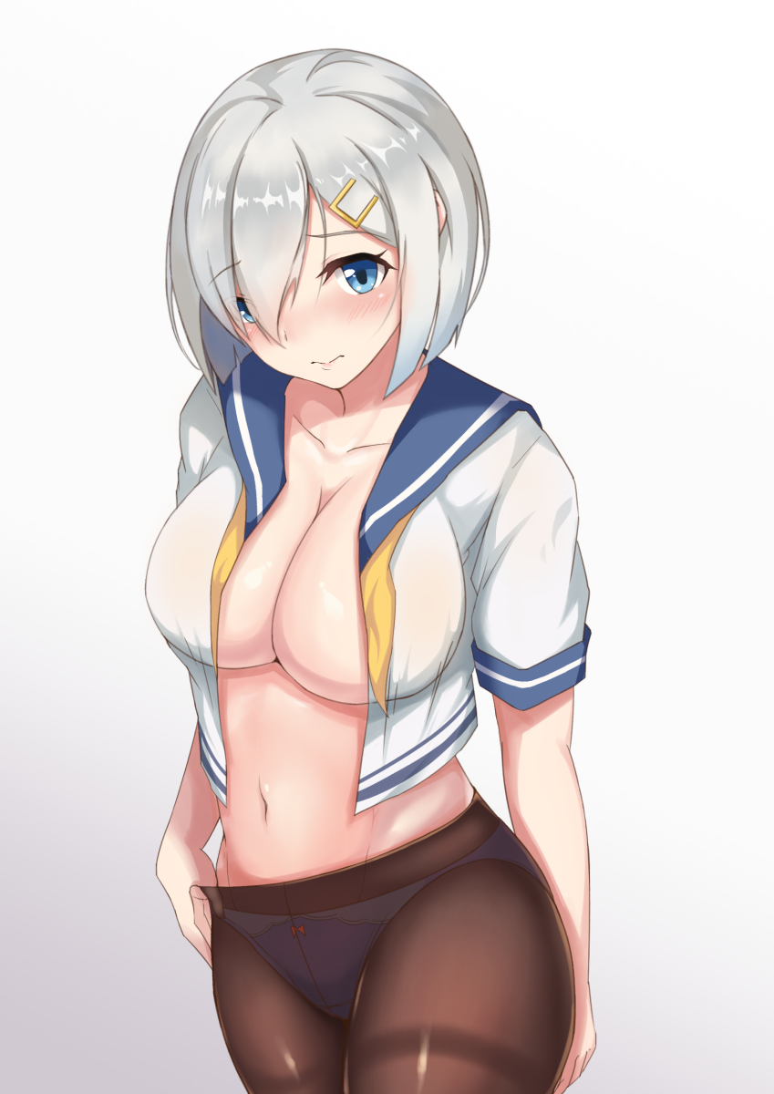 blue_eyes blush breasts brown_legwear eyes_visible_through_hair gloves gradient gradient_background hair_ornament hair_over_one_eye hairclip hamakaze_(kantai_collection) highres kantai_collection kurokku large_breasts looking_at_viewer navel no_gloves no_pants open_clothes open_shirt panties panties_under_pantyhose pantyhose school_uniform serafuku shirt short_hair short_sleeves silver_hair solo thighband_pantyhose underwear white_background