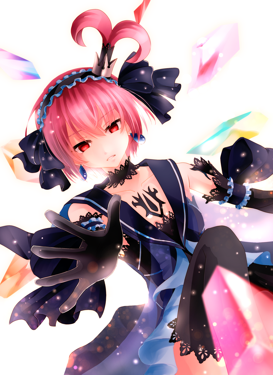black_choker black_gloves black_legwear blue_skirt chest_tattoo choker crown dark_persona earrings elbow_gloves empty_eyes expressionless frills gloves hairband highres jewelry kanonno_earhart kururi_(oekaki_nikki) lace-trimmed_choker lace_trim looking_at_viewer mini_crown pink_hair red_eyes short_hair side_ponytail skirt solo tales_of_(series) tales_of_the_world_radiant_mythology_2 tattoo thighhighs very_short_hair white_background