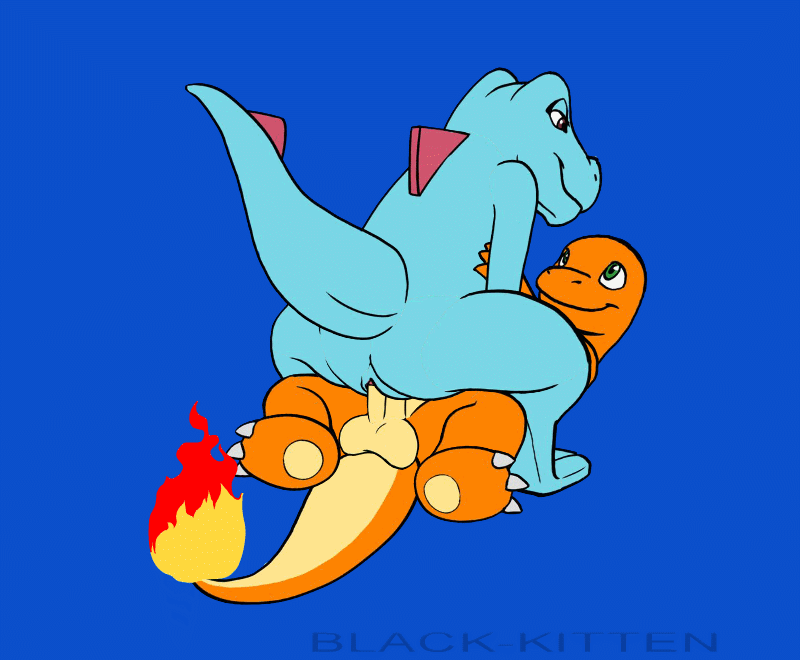 2014 animated anthro balls black-kitten blue_background blue_scales brown_eyes butt charmander cowgirl_position duo female fire interspecies male male/female nintendo nude on_top open_mouth orange_scales paws penetration penis pok&eacute;mon pussy scales sex simple_background totodile vaginal vaginal_penetration video_games