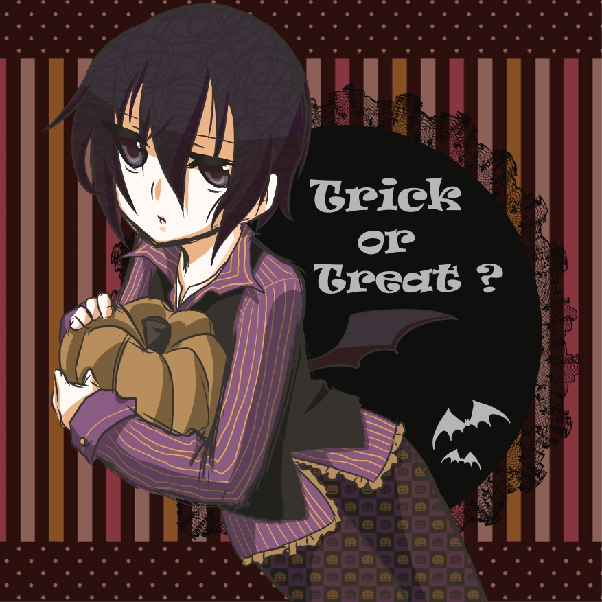 1girl androgynous artist_request bat_wings bats black_eyes black_hair halloween holiday kino kino_no_tabi looking_at_viewer pumpkin short_hair skirt solo strips tagme vegetable vest