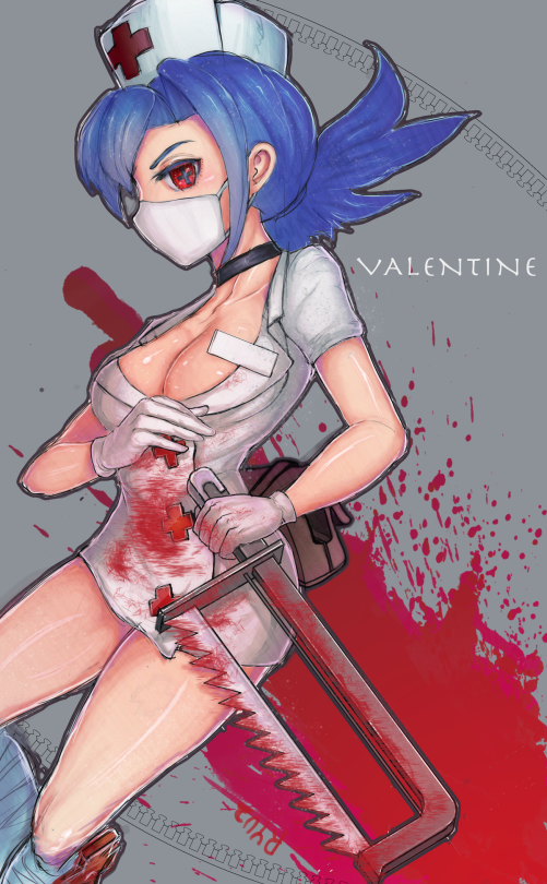 1girl blood blue_hair mask medical_saw nurse skullgirls solo symbol-shaped_pupils valentine_(skullgirls)