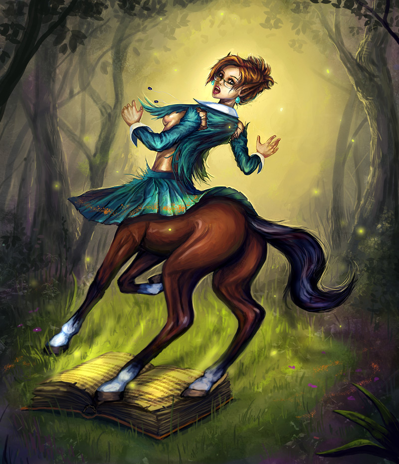 2010 arthropod beetle blonde_hair book breasts butt centaur clothing curlyhair detailed_background ear_piercing equine equine_taur female firefly forest hair hooves human_to_taur insect mammal piercing short_hair skirt solo surprise taur torn_clothing transformation tree