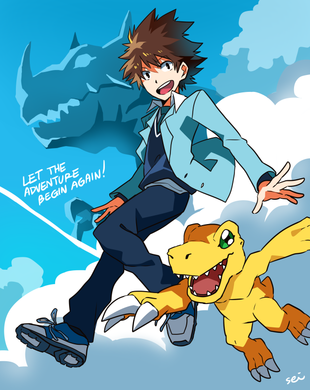 :d agumon aqua_neckwear artist_name black_eyes blue_footwear blue_jacket blue_pants brown_hair buttons claws digimon digimon_adventure digimon_adventure_tri. english full_body green_eyes jacket long_sleeves looking_at_viewer necktie open_mouth pants round_teeth sei_(seiryuuden) sharp_teeth shoes smile sneakers teeth tsukishima_general_high_school_uniform unbuttoned wing_collar yagami_taichi