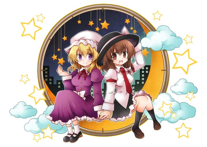 :d blush cloud commentary_request crescent dress full_body hat hat_ribbon holding_hands juliet_sleeves long_sleeves looking_at_viewer maribel_hearn mob_cap multiple_girls necktie open_mouth puffy_sleeves red_neckwear ribbon sitting smile souma_mizuki star touhou usami_renko white_background