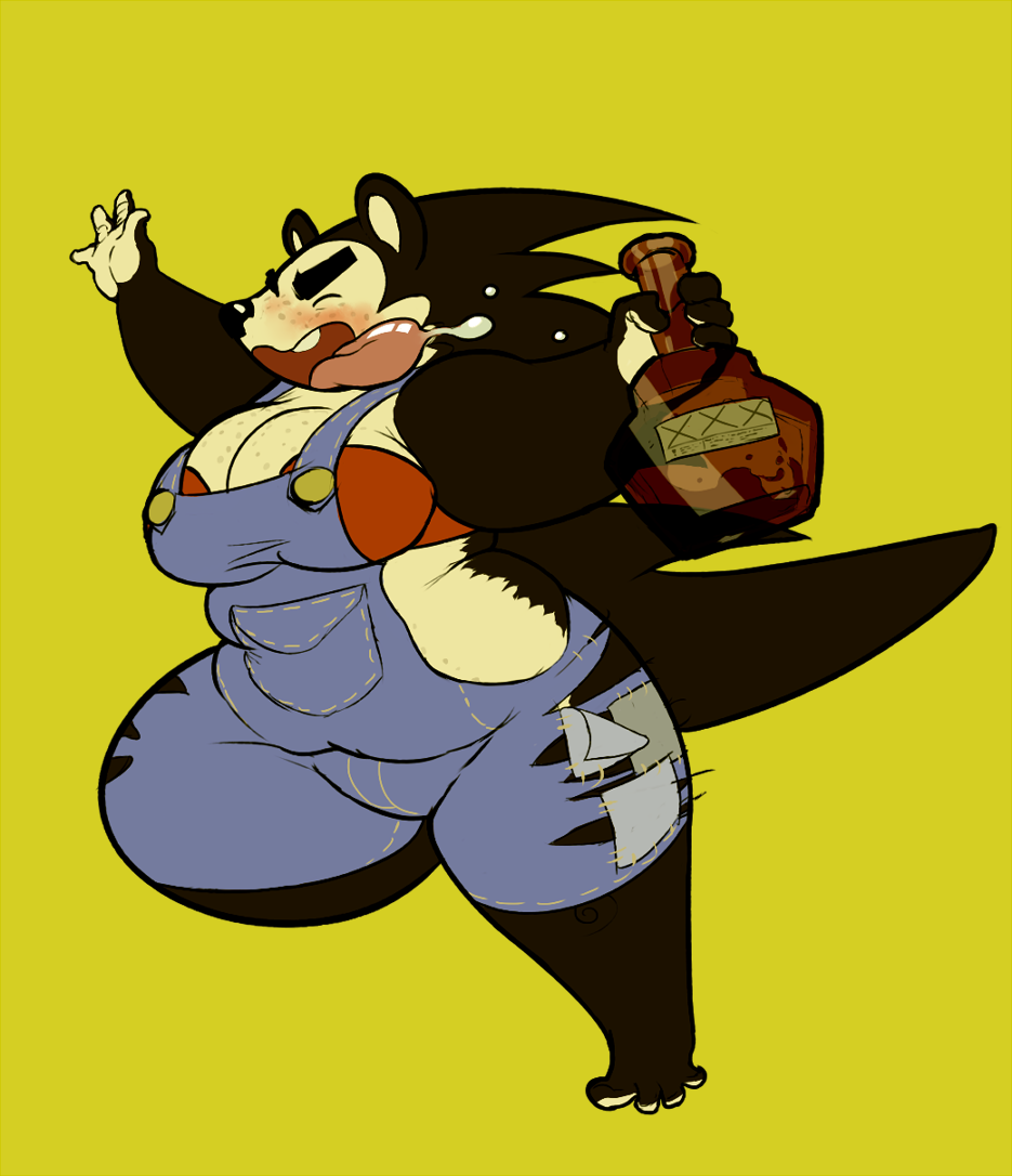 alcohol anthro beverage big_breasts bottle breakerpangolin breasts brown_fur cleavage clothed clothing eyebrows eyes_closed female food freckles fur henry_(breakerpangolin) mammal overalls porcupine rodent running saliva simple_background slightly_chubby solo tongue tongue_out yellow_background