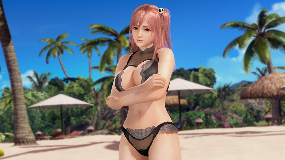 1girl 3d beach breasts cleavage dead_or_alive dead_or_alive_5 dead_or_alive_xtreme_3 dead_or_alive_xtreme_3_fortune dead_or_alive_xtreme_beach_volleyball honoka_(doa) large_breasts official_art palm_tree pink_hair solo swimsuit tecmo