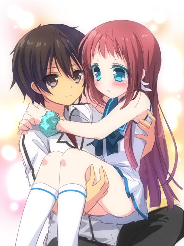 1girl black_hair blue_eyes brown_eyes brown_hair carrying couple hazuki_(nukisasi) hetero kihara_tsumugu long_hair mukaido_manaka nagi_no_asukara princess_carry scrunchie short_hair