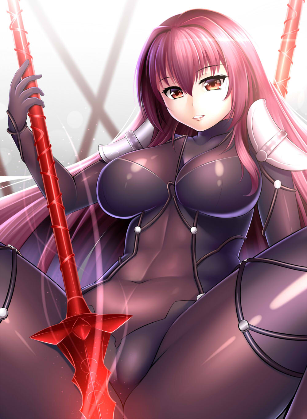 :d backlighting between_legs blush bodysuit covered_navel eyebrows eyebrows_visible_through_hair fate/grand_order fate_(series) glowing glowing_weapon guardian-panda gungnir_(weapon) hair_between_eyes highres holding holding_weapon light_rays long_hair looking_at_viewer open_mouth parted_lips polearm purple_bodysuit red_hair scathach_(fate)_(all) scathach_(fate/grand_order) shoulder_pads simple_background skin_tight smile solo spear spread_legs teeth very_long_hair weapon white_background