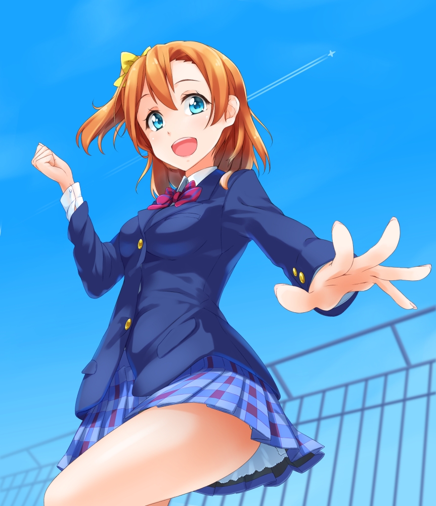 blazer blue_eyes blue_sky bow checkered checkered_skirt female hair_bow hazuki_akaoto jacket kousaka_honoka long_sleeves looking_at_viewer love_live!_school_idol_project open_mouth orange_hair pleated pleated_skirt school_uniform side_ponytail side_tail skirt sky solo uniform