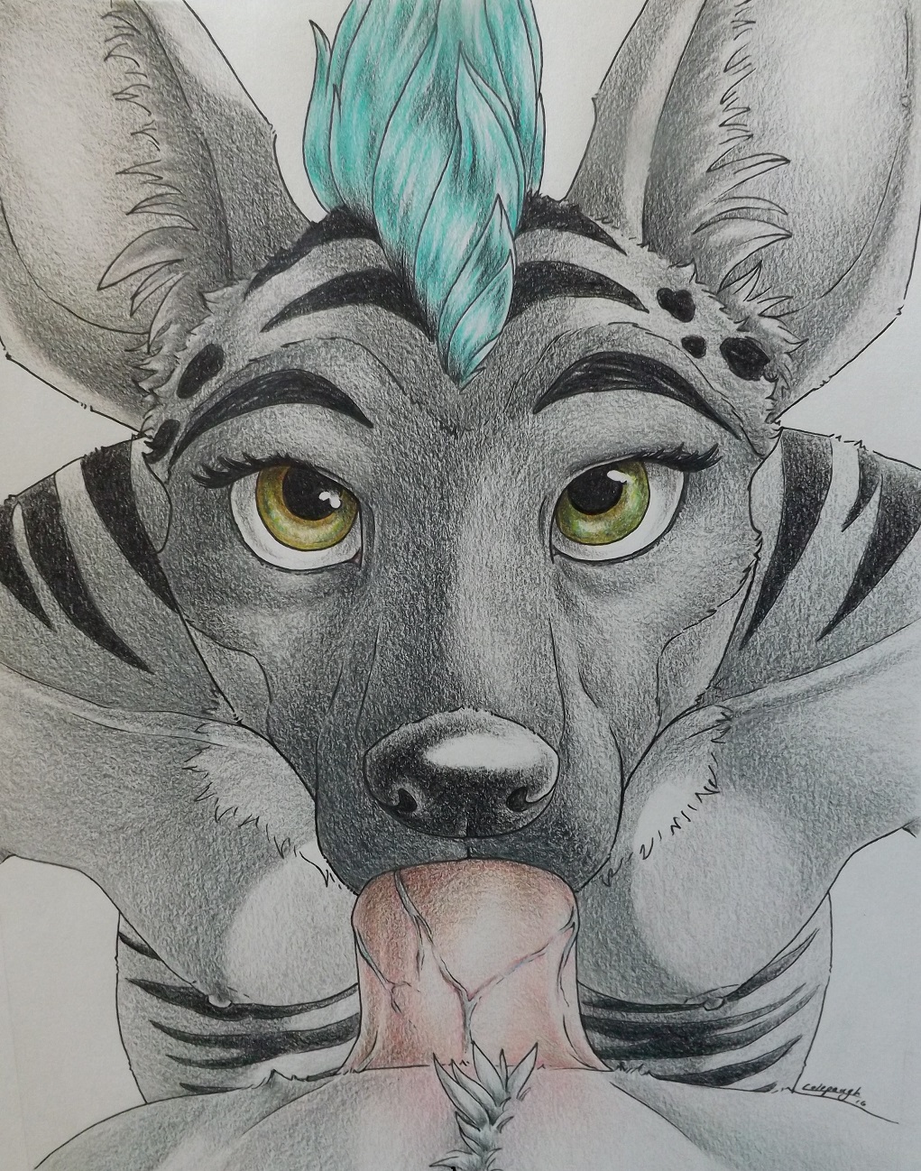 big_ears breasts duo facade fellatio female first_person_view green_eyes hyena kneeling looking_at_viewer looking_up male mammal mohawk nipples oral penis rex sex sinistervibe small_breasts striped_hyena stripes traditional_media_(artwork)