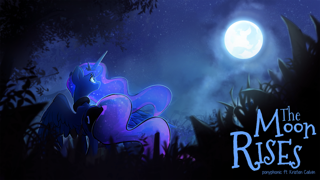 2016 blue_eyes blue_feathers blue_fur blue_hair crown cutie_mark darkflame75 english_text equine feathered_wings feathers female feral friendship_is_magic fur grass hair hi_res horn jewelry mammal mist moon my_little_pony necklace princess_luna_(mlp) sky solo spread_wings star text tree winged_unicorn wings