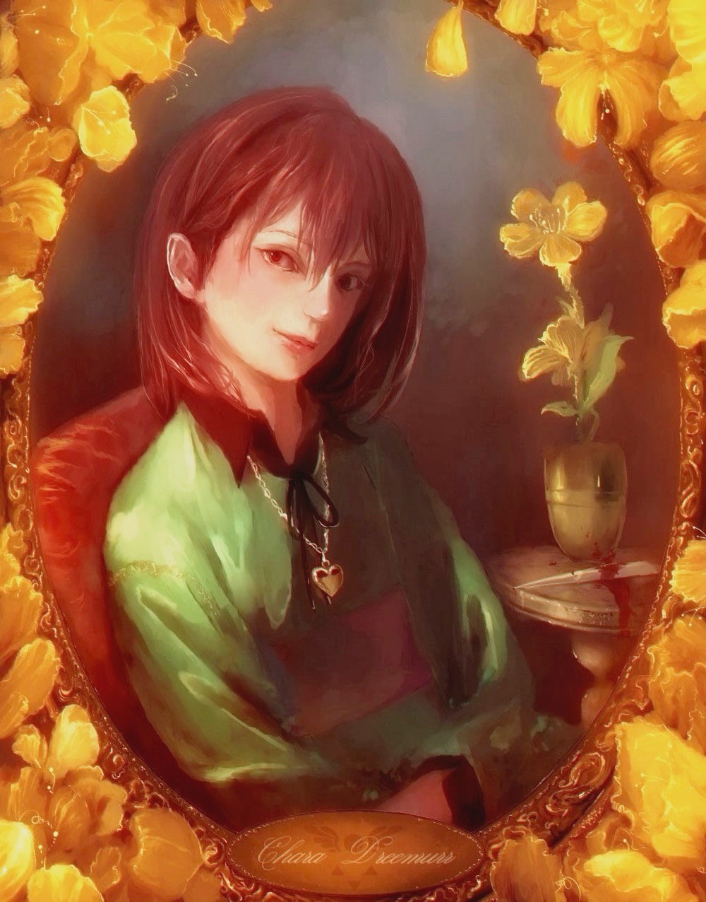 blood bloody_knife bossmonsterbani brown_hair chair chara_(undertale) character_name flower heart heart_necklace highres jewelry knife looking_at_viewer necklace pendant realistic red_eyes ribbon shirt solo spoilers striped striped_shirt undertale upper_body vase yellow_flower