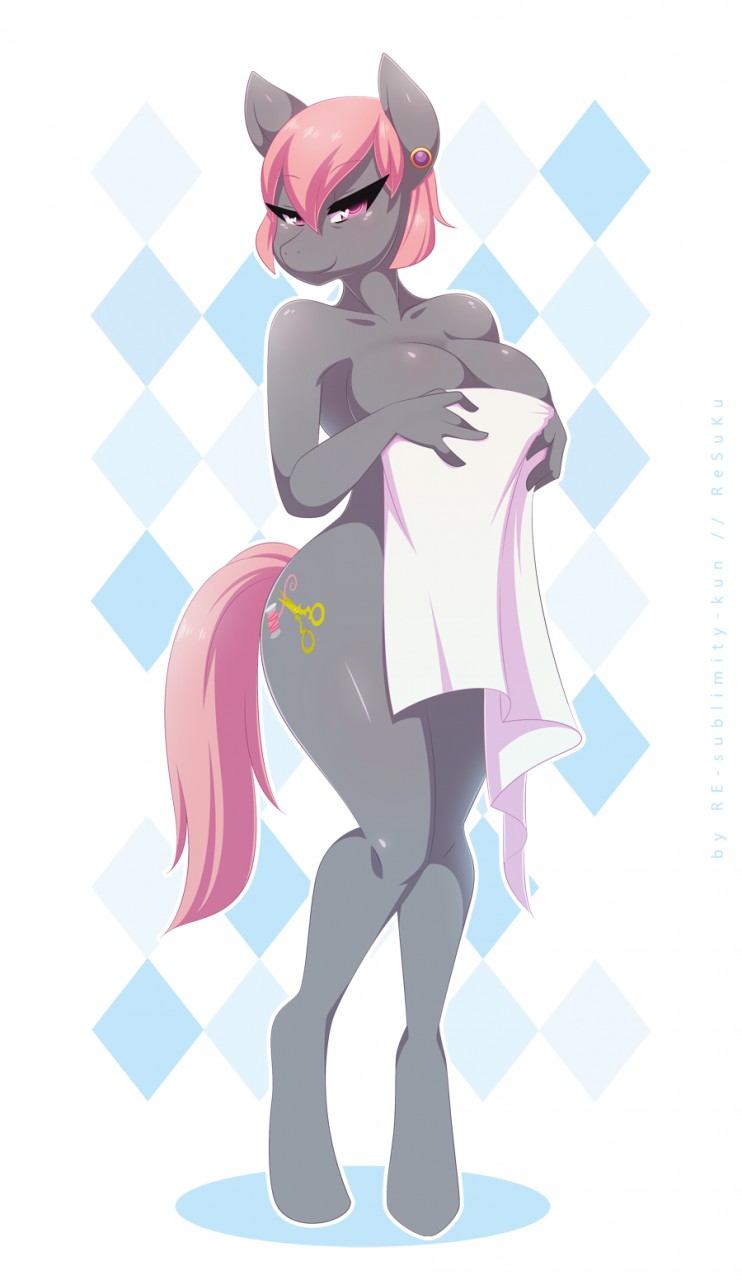 anthro big_breasts breasts cutie_mark ear_piercing earth_pony equine female friendship_is_magic half-closed_eyes horse looking_at_viewer mammal my_little_pony nude piercing pony prim_hemline_(mlp) re-sublimity-kun simple_background smile solo towel