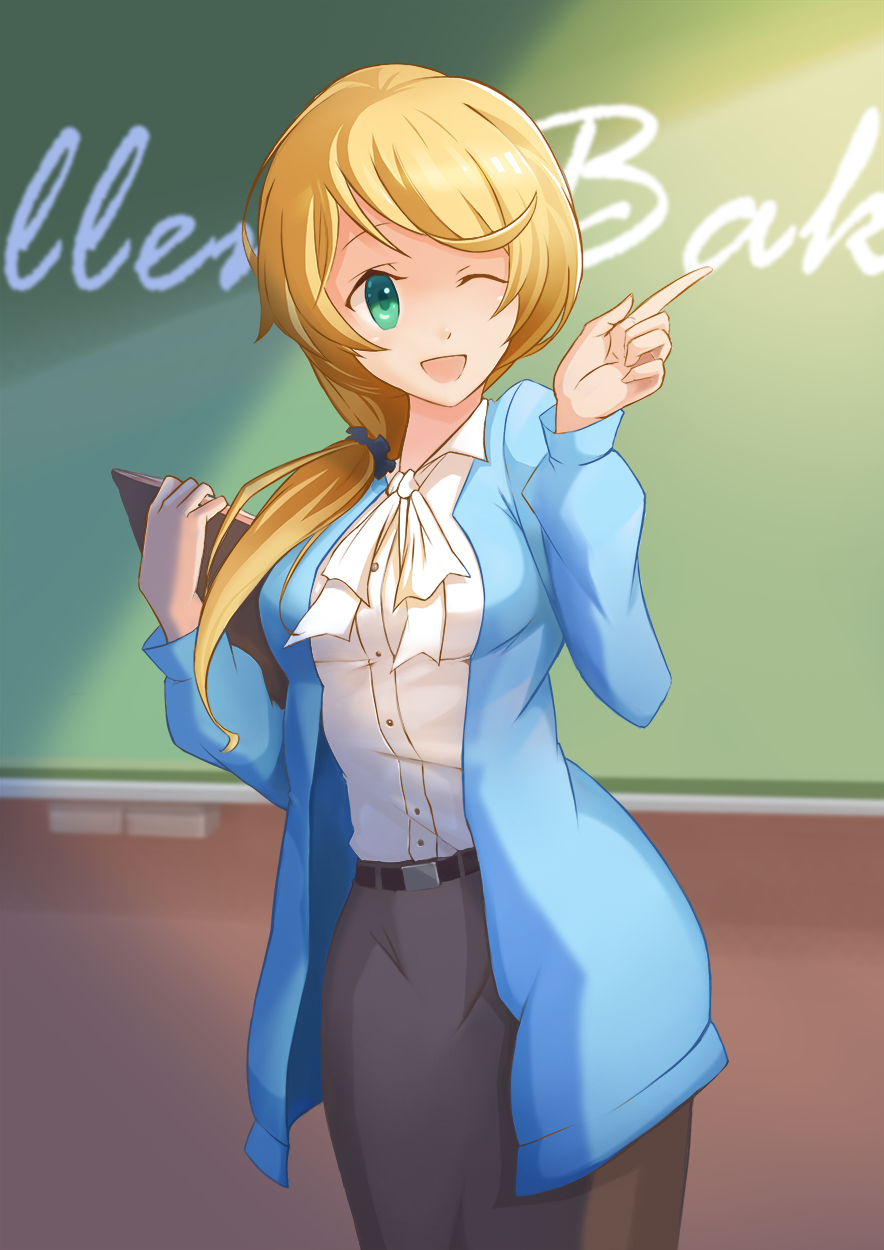 ;d blonde_hair blue_jacket breasts chalkboard character_name clipboard crow_aberdeen ellen_baker green_eyes highres jacket long_hair long_skirt low_ponytail medium_breasts new_horizon one_eye_closed open_mouth ponytail scrunchie shirt skirt smile solo white_shirt