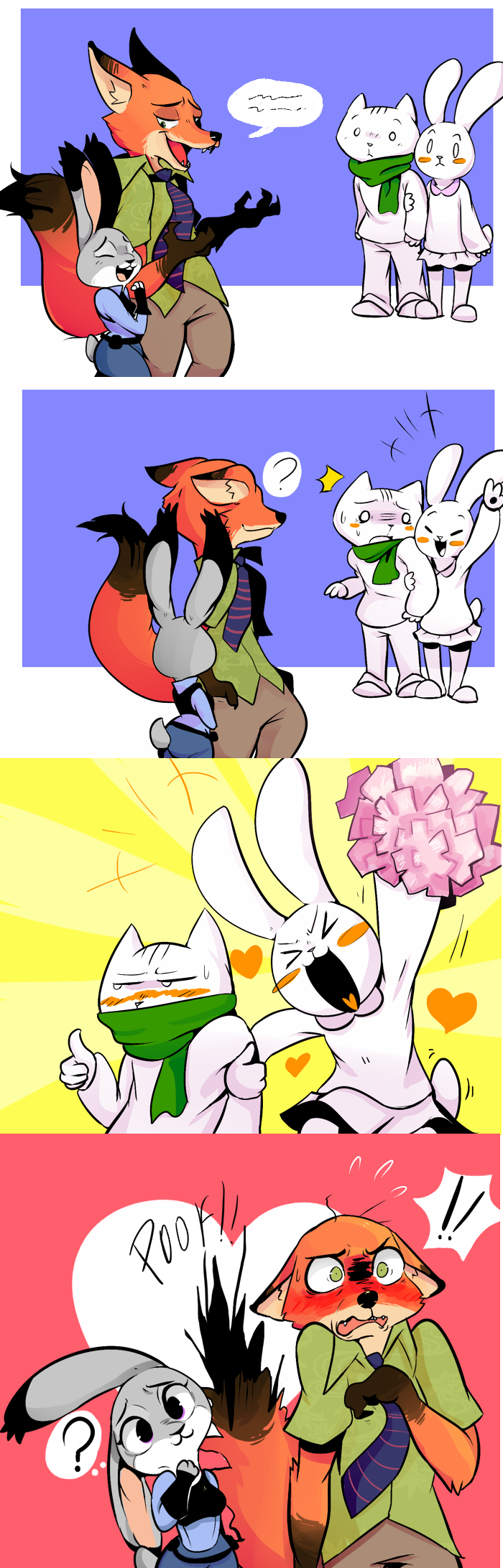 2girls 4koma :3 ? blush bunny cat claws comic couple crossover doki fox from_behind furry green_eyes heart highres interspecies judy_hopps laughing md5_mismatch multiple_boys multiple_girls nabi necktie nick_wilde no_humans pkbunny purple_eyes scarf sharp_teeth silent_comic simple_background smile speech_bubble stitched sunburst talking teeth there_she_is!! third-party_edit thought_bubble zootopia