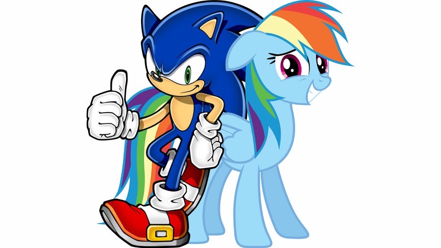 anthro black_nose blue_fur clothing cutie_mark duo equine feathered_wings feathers female feral footwear friendship_is_magic fur gloves green_eyes hair hedgehog horse male mammal multicolored_hair my_little_pony pegasus pony rainbow_dash_(mlp) rainbow_hair sonic_(series) sonic_the_hedgehog video_games wings