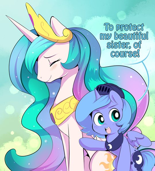 2015 armor blue_eyes blue_feathers blue_hair blue_wings blush cute cutie_mark duo ende english_text equine eyelashes eyes_closed feathered_wings feathers female feral friendship_is_magic hair helmet horn long_hair looking_at_viewer mammal multicolored_hair my_little_pony open_mouth princess_celestia_(mlp) princess_luna_(mlp) smile text unicorn winged_unicorn wings