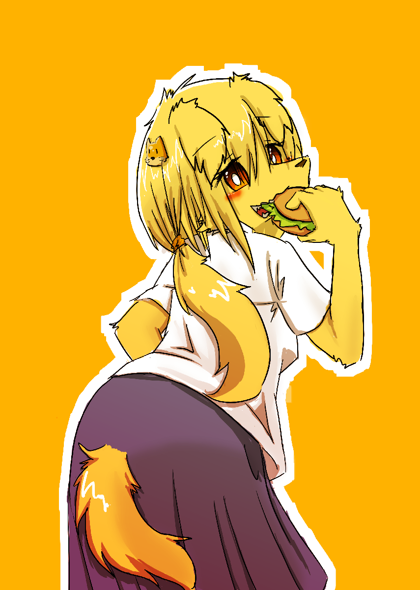 artist_request blonde_hair dog eating female food furry hamburger long_hair red_eyes solo