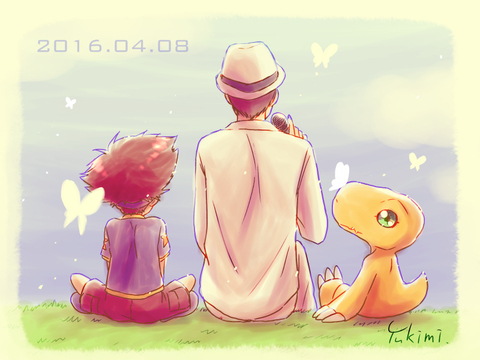 2boys agumon back border bug butterfly crossover dated digimon digimon_adventure digimon_adventure_tri. downscaled from_behind grass hat holding insect lowres microphone multiple_boys real_life resized signature sitting wada_kouji yagami_taichi yukimi_(kurumi-no-naruki)